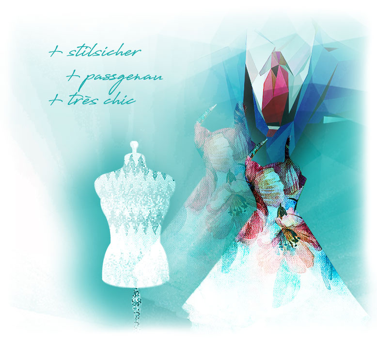 Composing mit Damenkleid, Herrensakko, Modelständer, Text und abstrakte Formen