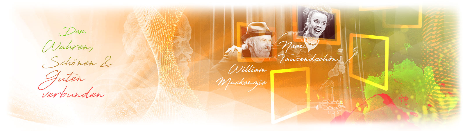 Composing mit Text, Kuenstlern, Bilderrahmen und abstrakten Formen