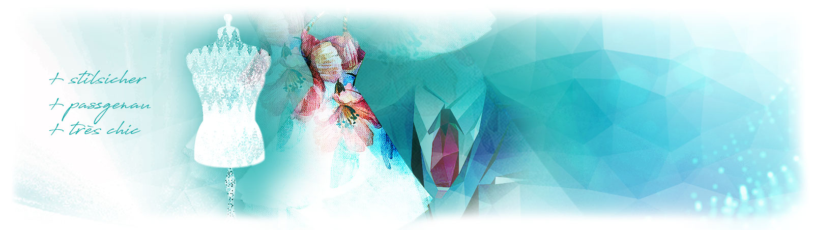 Composing mit Damenkleid, Herrensakko, Modelständer, Text und abstrakte Formen